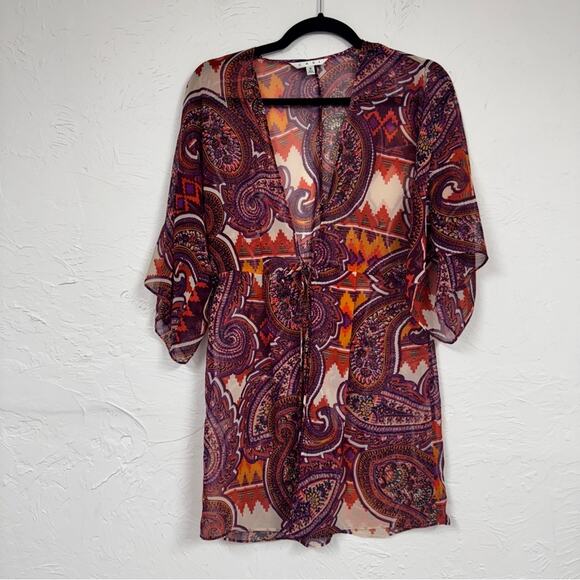 Cabi Orange Red Paisley Sheer Swim Cover Up Womens S Classic Boho Beach Vacation - Picture 1 of 10